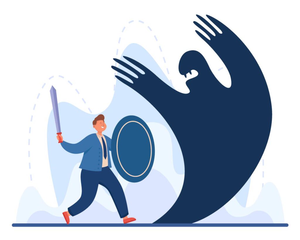 Illustration eines Mannes mit Schwert und Schild, der einem dunklen Schattenmonster entgegensteht