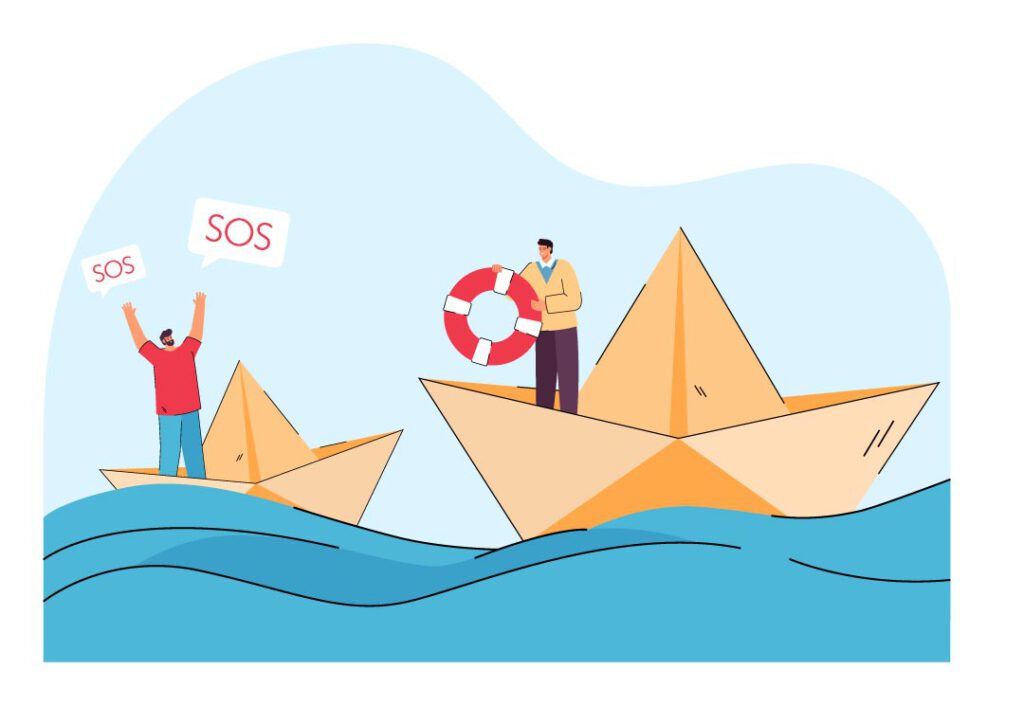 Illustration mit zwei Papierbooten auf dem Meer, eine Person hält ein SOS-Zeichen, eine andere wirft einen Rettungsring