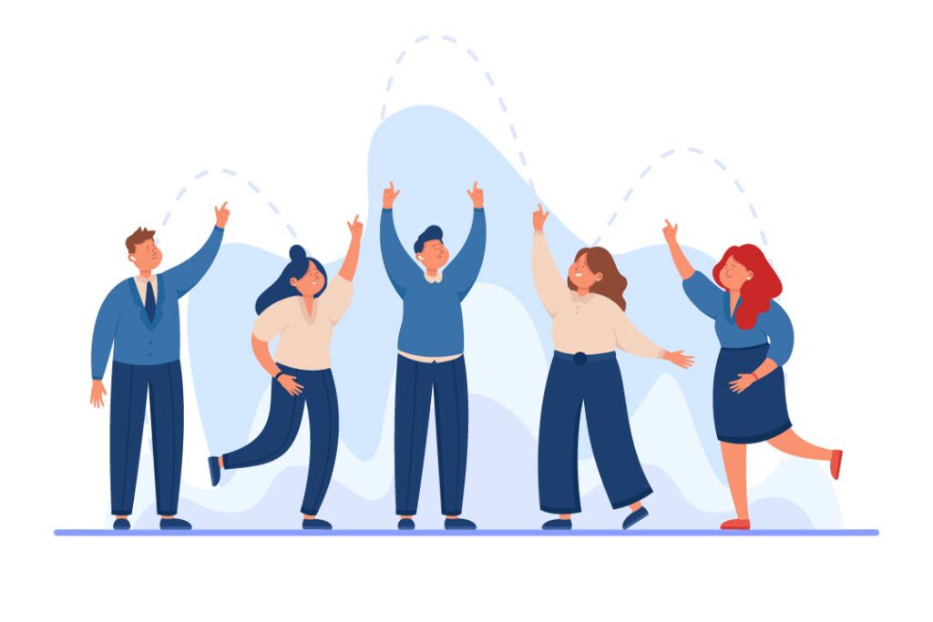 Illustration von fünf fröhlichen Personen, die gemeinsam lachen, sich bewegen und sich freuen