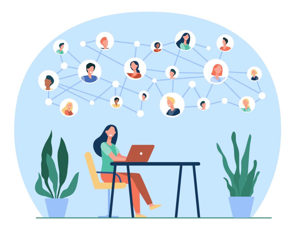 Illustration einer Frau am Laptop mit vernetzten Porträts im Hintergrund