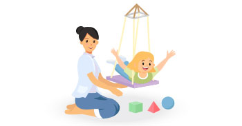Illustration einer Ergotherapeutin beim spielerischen Training mit Kind unter einem Spielbogen