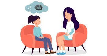 Illustration einer Kindertherapie-Szene mit Therapeutin und Kind in Gesprächssituation