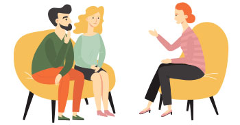 Illustration eines Paargesprächs mit therapeutischer Begleitung zum Thema Kinderwunsch