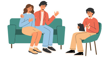Illustration einer therapeutischen Sitzung mit Familie auf Sofa – systemische Therapie