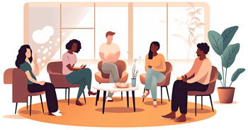 Illustration einer Gruppentherapie mit fünf Personen im Gesprächskreis auf Sesseln