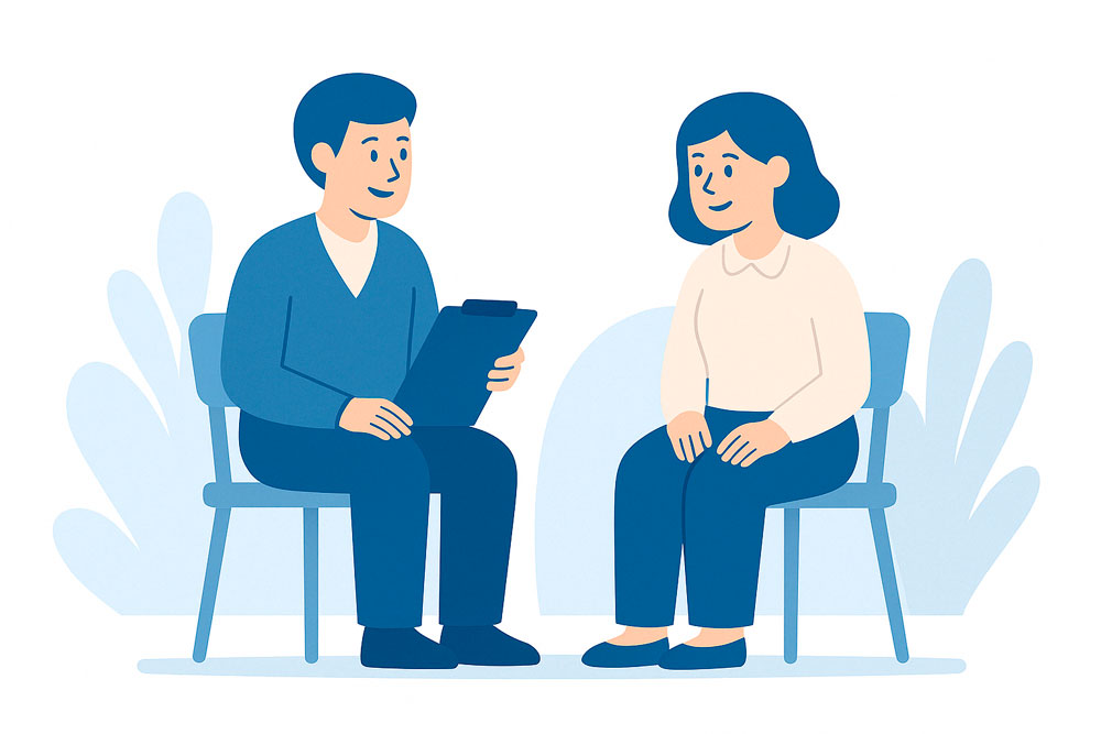 Illustration eines Bewerbungsgesprächs im balagan Therapiezentrum – Therapeut und Bewerberin im Gespräch