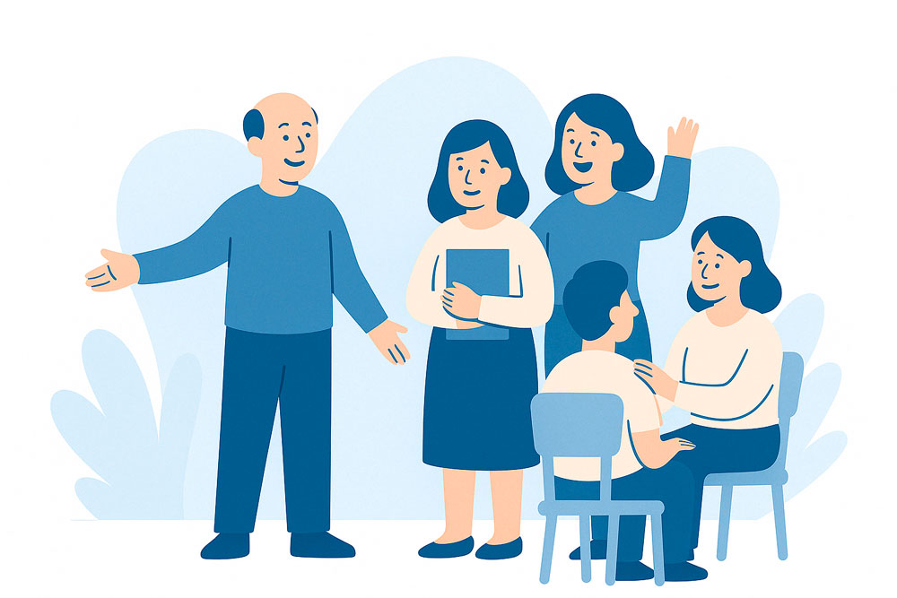 Illustration von fünf Personen in einer Therapieszene – Team und Patient*innen im balagan Therapiezentrum Berlin