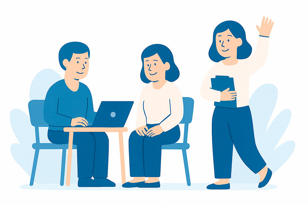 Zwei Therapeut*innen sitzen gemeinsam am Tisch, eine weitere Person begrüßt das Team. Alle wirken freundlich und engagiert in einer hellen, modernen Umgebung.