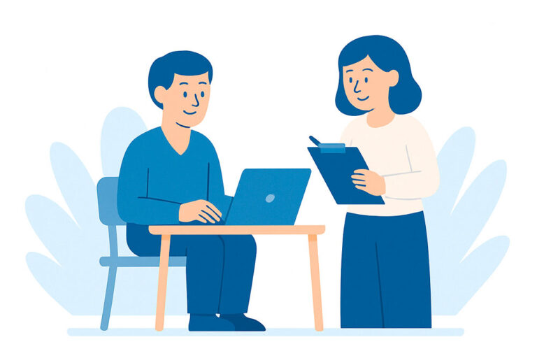 Illustration zeigt zwei Mitarbeitende im Gespräch – ein Therapeut am Laptop, eine Kollegin mit Klemmbrett im balagan Therapiezentrum Berlin