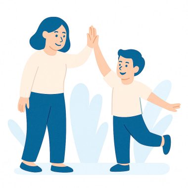 Illustration zeigt eine Therapeutin und ein Kind beim High-Five im balagan Therapiezentrum Berlin