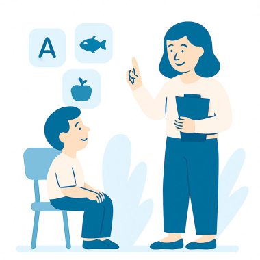 Logopädin zeigt einem Kind Symbolkarten bei einer Sprachtherapie